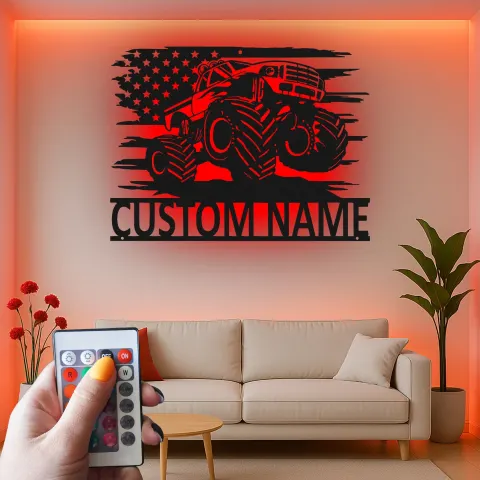 Personalisierte Monstertruck LED-Schild | Metall-Wandkunst mit amerikanischer Flagge | Maßgeschneiderte Garagen-Dekoration für das Kinderzimmer alternative Ansicht