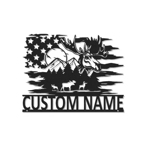 Personalisierte Elchfamilie Metall-Schild | Rustikale LED-Wandkunst für Kabine & Lodge | Individuelle Namens Berg-Deko