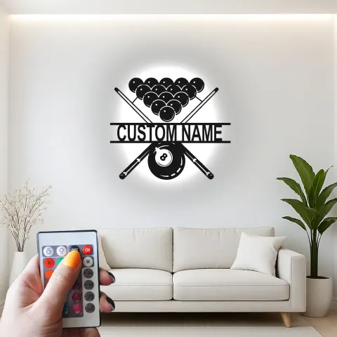 Vista alternativa di Arte murale in metallo LED Biliardi Personalizzata | Insegna per sala giochi di Pool Room | Decorazione illuminata 8 Ball e Stecca | Regalo per sala giochi per lui