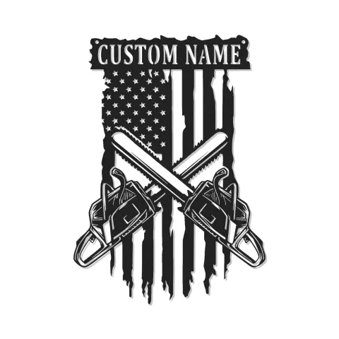 Personalisierte LED-Metall-Wandkunst mit Kettensäge und amerikanischer Flagge – Einzigartiges Geschenk für Holzfäller, Garage oder Werkstatt