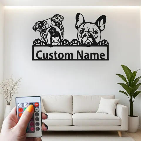 Vista alternativa di Insegna in metallo LED Bulldog e Bulldog Francese personalizzata regalo per amanti dei cani decorazione per soggiorno