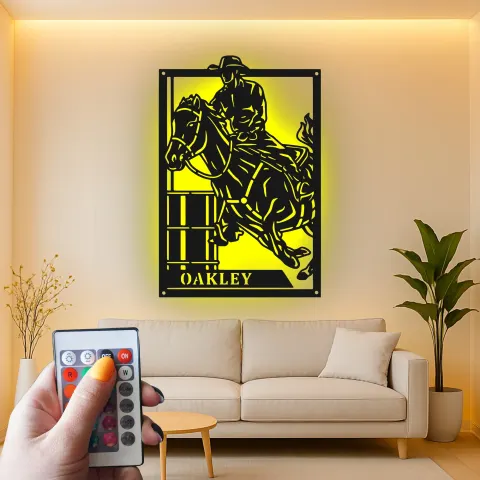 Vista alternativa de Cartel de metal LED personalizado de jinete de barriles, regalo ecuestre para amantes de los caballos, decoración western para el salón