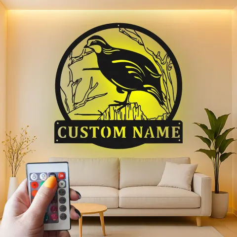 Vista alternativa de Cartel de metal LED personalizado de codorniz, regalo personalizado para amantes de la naturaleza, decoración de cabaña rústica