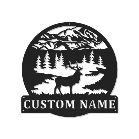 Personalisierte Hirsch-Mountain-Szene LED-Metall-Wandkunst – Geschenk für Naturliebhaber