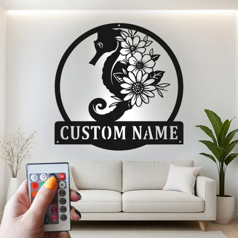 Vue alternative de Panneau Personnalisé Hippocampe | Décoration Murale en Métal Rétroéclairée | Décor Côtier pour Maison de Plage | Cadeau pour Amoureux de l'Océan