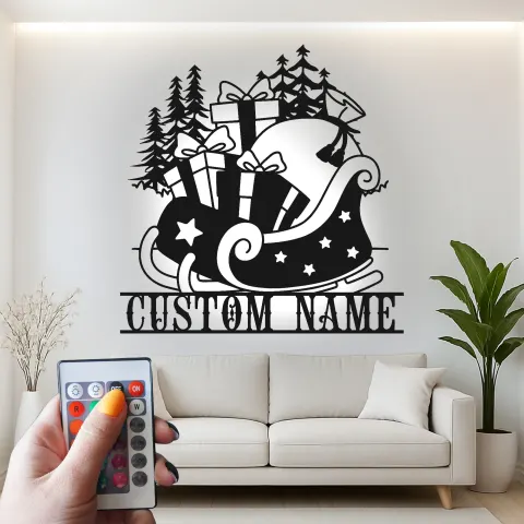 Vista alternativa di Insegna in metallo LED personalizzata con slitta di Babbo Natale - Regalo di Natale per famiglie, decorazione festiva