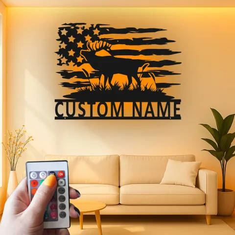 Vue alternative de Décoration murale en métal personnalisée avec cerf et drapeau américain, éclairage LED, cadeau personnalisé pour chasseurs, décoration de cabane rustique 6