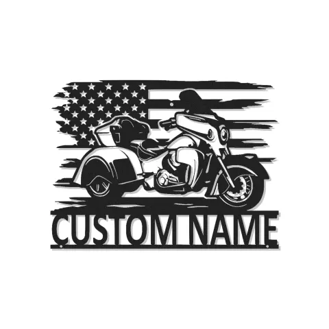 Personalisierte Trike Motorrad LED-Leuchte | Individuelles Biker Namensschild mit USA-Flagge | Metall-Wandkunst für Garage | Männerzimmer Geschenk
