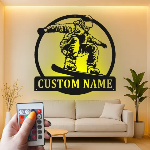 Vista alternativa de Cartel LED personalizado de snowboarder | Placa de nombre de metal personalizada | Arte mural retroiluminado de deportes de invierno para habitación juvenil y cueva de hombres