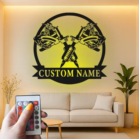 Vue alternative de Décoration murale en métal personnalisée avec lumière LED de machine à tatouer - Cadeau pour artistes tatoueurs