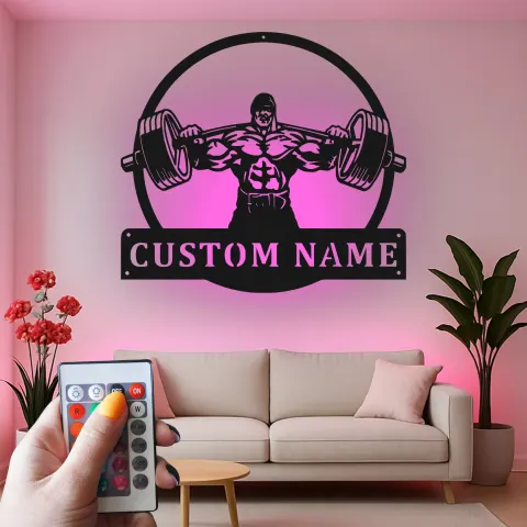 Vista alternativa di Insegna in metallo personalizzata con luce LED Bodybuilder Weightlifting decorazione per palestra regalo per appassionati di fitness accentuazione muro palestra