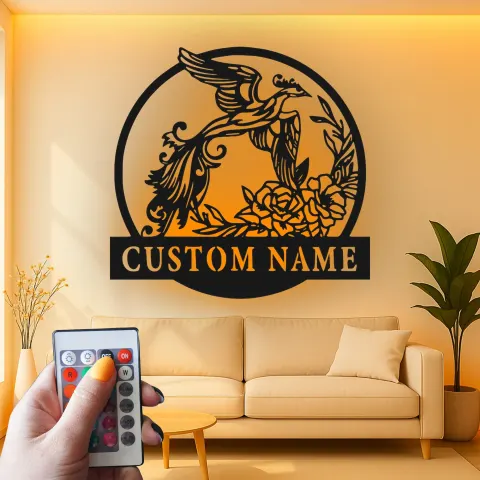 Vista alternativa de Cartel de Fénix Personalizado | Arte Mural de Metal con LED | Logo de Negocio Personalizado y Decoración Floral para el Hogar
