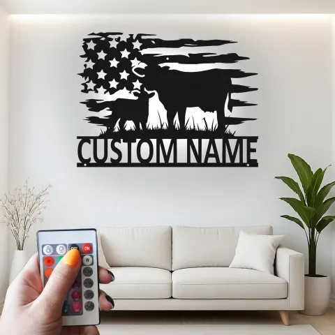 Vista alternativa de Cartel de metal LED de vaca y ternero con bandera americana, regalo de granja para agricultores, decoración rústica para el hogar 1