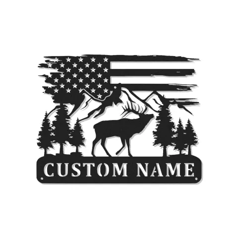 Cartel de metal LED personalizado de ciervo y montaña, regalo para entusiastas del aire libre, decoración de cabaña rústica