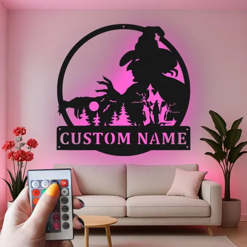 Vue alternative de Décoration murale en métal personnalisée Scène de forêt de sorcière avec rétroéclairage Cadeau d'Halloween unique Décor d'intérieur effrayant