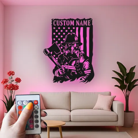 Vista alternativa de Cartel LED personalizado para bomberos | Arte mural de metal personalizado | Regalo patriótico para héroe para él | Decoración de hogar de bombero