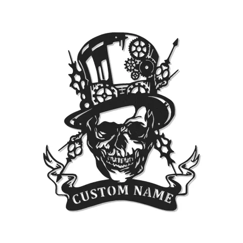 Cartel de metal LED con calavera steampunk | Señal personalizada para el man cave | Decoración gótica para gamers con sombrero de copa y engranajes