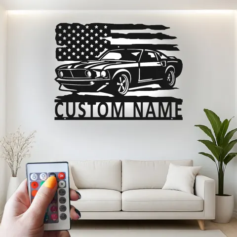 Vista alternativa di Insegna in metallo LED personalizzata per auto classiche - Regalo per appassionati di auto, decorazione per garage o man cave