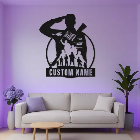 Custom Soldier Silhouette LED Sign | Personalized Metal Wall Art | Patriotic Military Tribute & Veteran Gift alternate view