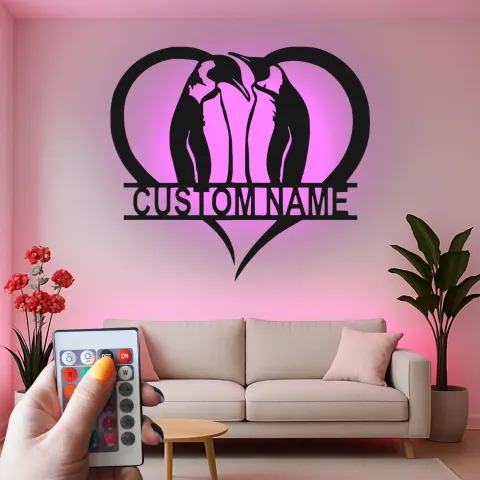 Personalisiertes Pinguin-Paar LED-beleuchtetes Metallschild Hochzeitsgeschenk Schlafzimmerdekoration für Paare alternative Ansicht