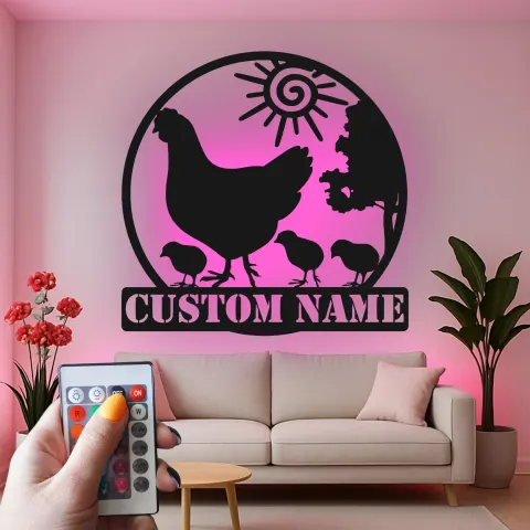 Vista alternativa di Insegna in metallo LED Famiglia Pollo Personalizzata Regalo per Casa Decorazione Cucina Rustica