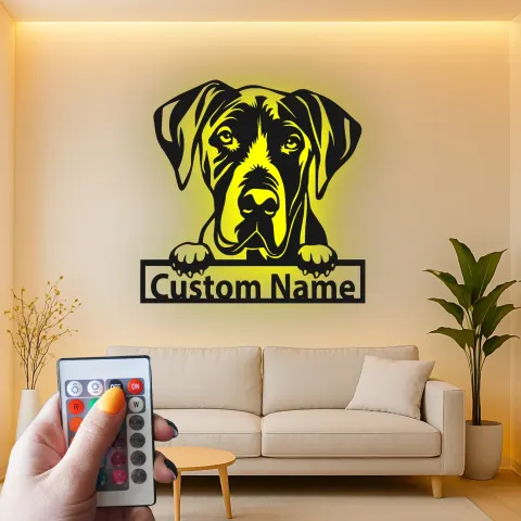 Vista alternativa di Insegna in metallo LED personalizzata per amanti dei cani con Alano - Regalo per la sala da pranzo
