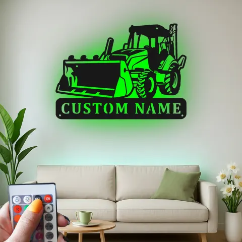Vue alternative de Décoration murale en métal personnalisée avec bulldozer rétroéclairé - Cadeau de construction pour lui - Décor de garage ou d'atelier