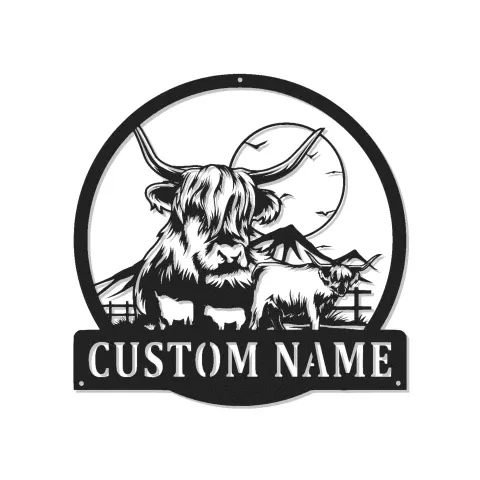 Cartel LED personalizado de metal con vaca de las Highlands | Arte de rancho personalizado | Decoración farmhouse moderna para regalo familiar