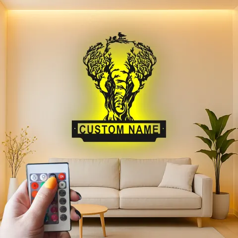 Vue alternative de Décoration murale en métal LED éléphant arbre personnalisée Cadeau faune Décor de salon Nature