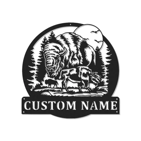 Cartel de metal LED con familia de bisonte personalizado, regalo de vida salvaje para amantes de la naturaleza, decoración rústica de cabaña
