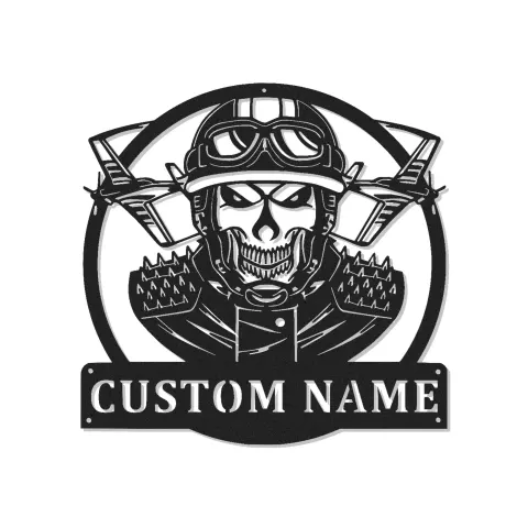 Custom Skull Fighter Pilot Metal Sign | Personalized LED Aviation Wall Art | Military Man Cave Decor | Gift for Him