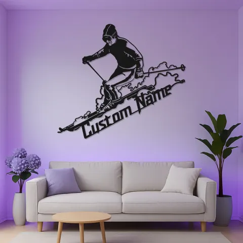 Custom Skier LED Metal Sign | Personalized Ski Lodge Decor | Illuminated Winter Sports Wall Art | Unique Athlete Gift alternate view