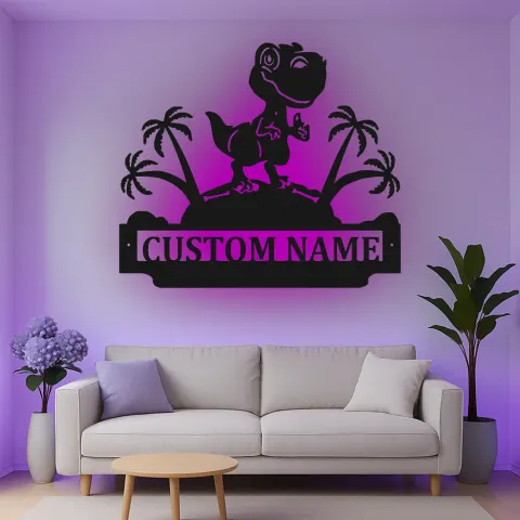 Custom Dinosaur Led Light Metal Wall Art Personalized Kids Room Gift Nursery Decor with T-Rex Design alternate view