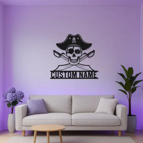 Vue alternative de Panneau Métallique LED Crâne de Pirate | Décoration Murale Personnalisée pour Salle de Jeu | Décor Nautique Personnalisé | Épées Croisées Lumineuses