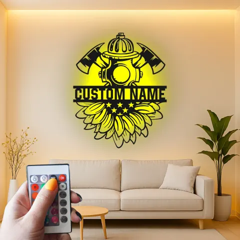 Custom Firefighter Metal Sign with LED | Personalized Fire Dept. Wall Art | Fireman Gift for Home or Station with Sunflower Decor alternate view
