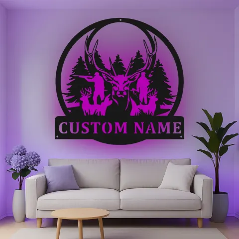 Vista alternativa de Cartel de metal personalizado con luz LED para cazadores de ciervos, regalo personalizado para entusiastas del aire libre, decoración de cabaña o cueva de hombre