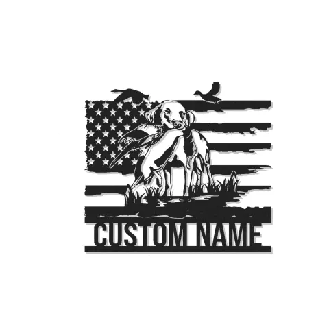 Cartel metálico de perro de caza Labrador | Decoración mural LED personalizada | Regalo para cazadores con bandera de Estados Unidos | Decoración patriótica para cabaña y cueva masculina