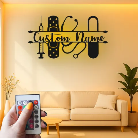 Personalized Nurse Name Sign with LED | Custom Medical Tools Metal Art | Clinic & Office Wall Decor | RN Graduation Gift alternate view