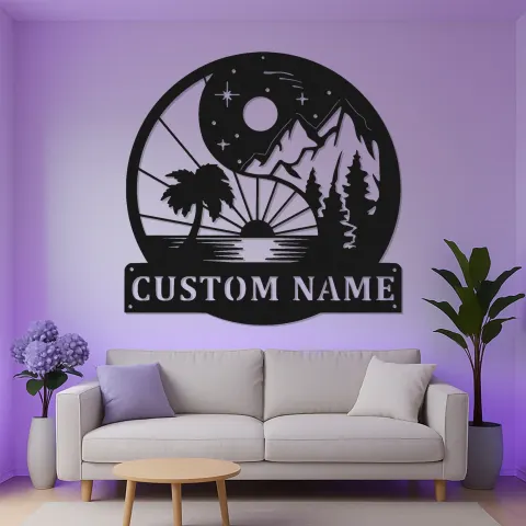 Personalisierte Yin Yang Metall-Schild | LED Bergstrand-Kunst | Individuelle Namensdekoration für Zuhause & Geschäft alternative Ansicht