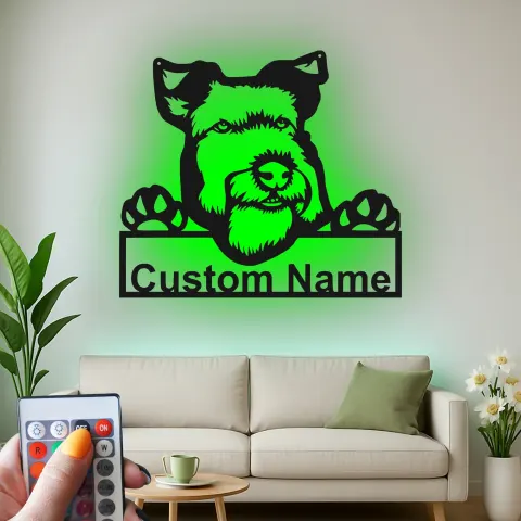 Vista alternativa di Insegna in metallo personalizzata con Schnauzer e luce LED regalo per amanti dei cani decorazione per soggiorno 1
