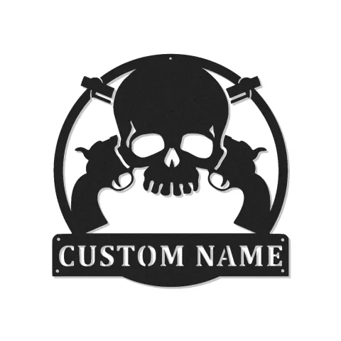 Personalized Skull & Revolvers LED Sign | Custom Metal Name Art for Man Cave | Western Gunslinger Wall Decor for Him