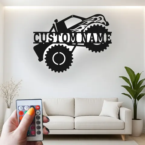 Vista alternativa de Cartel LED personalizado de monster truck | Decoración mural de metal con nombre personalizado | Decoración para garaje, cueva de hombre y regalo para amantes de los camiones