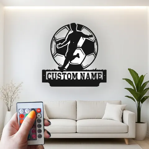 Individuelles Metall-Schild für Fußballspieler | Personalisierte LED-Wandkunst | Dekoration für Sportlerzimmer | Fußballgeschenk mit Namen alternative Ansicht