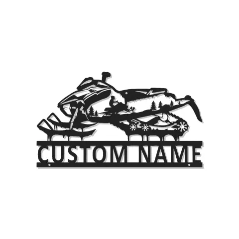 Arte mural de metal LED de moto de nieve | Cartel de nombre personalizado para piloto | Decoración de deportes de invierno personalizada para cabaña y garaje | Regalo para motos de nieve