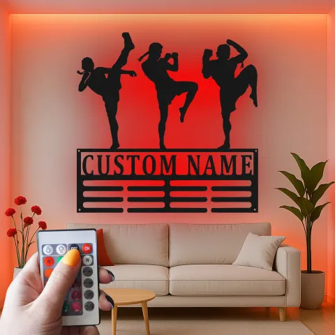 Personalisierte Muay Thai LED-Leuchte | Individuelle Kickboxing Metall-Wandkunst | Martial Arts Dekor für Fitnessstudio oder Geschenk für Athleten alternative Ansicht