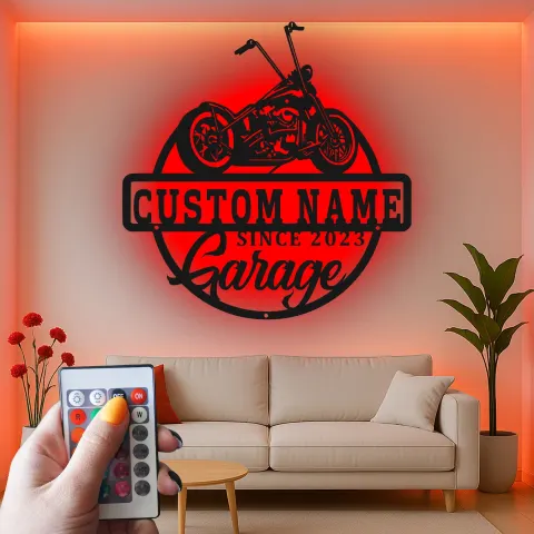 Personalisiertes LED-beleuchtetes Metallschild für die Motorradgarage – Geschenk für Ihn, Man Cave Dekor alternative Ansicht