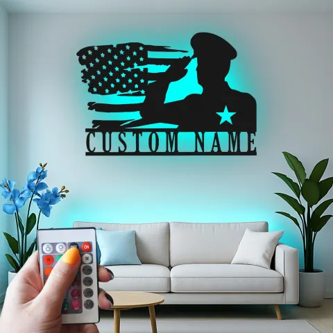 Custom Military Name Sign | LED American Flag Wall Art | Personalized Veteran Gift | Patriotic Army Home Decor alternate view
