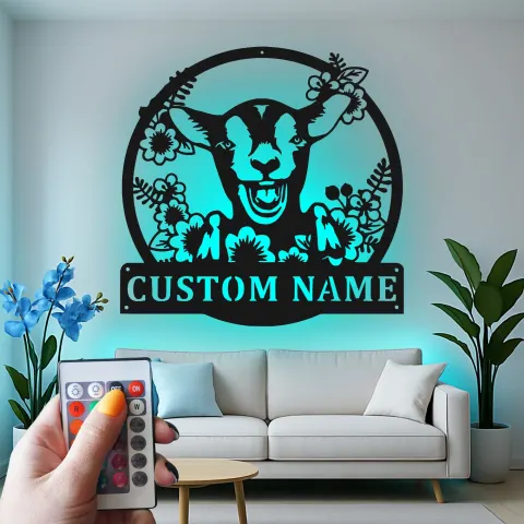 Vista alternativa di Insegna personalizzata con capra e LED | Arte murale in metallo su misura | Decorazione farmhouse per fienile o casa | Regalo per amanti delle capre