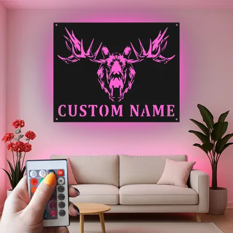 Vista alternativa de Cartel LED de metal con cabeza de alce | Decoración mural de fauna a medida | Decoración rústica personalizada para cabaña y lodge | Idea de regalo para cazadores