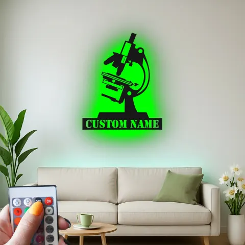 Vista alternativa di Arte murale LED per microscopio | Insegna in metallo personalizzata per decorazione di laboratorio | Regalo scientifico personalizzato per biologi o uffici clinici